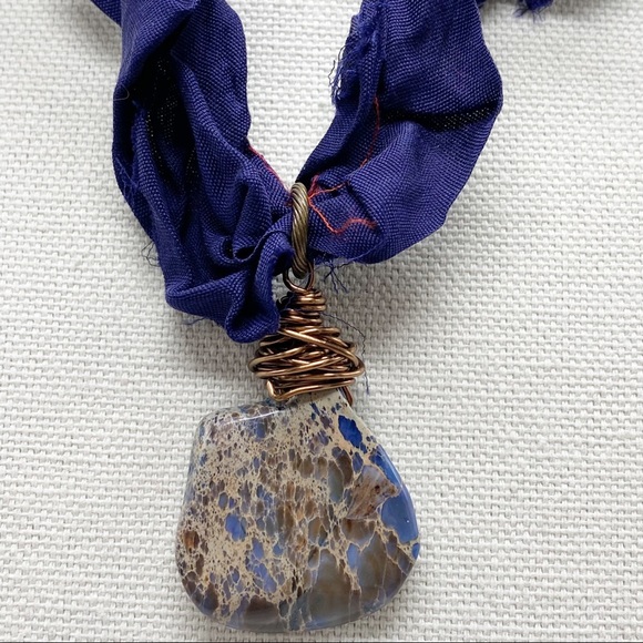 Custom Blue Jasper Stone Silk Ruffle Ribbon Necklace Handcrafted NEW - Picture 4 of 7